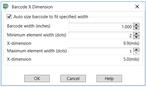 Barcode dimension window in CODESOFT label design software