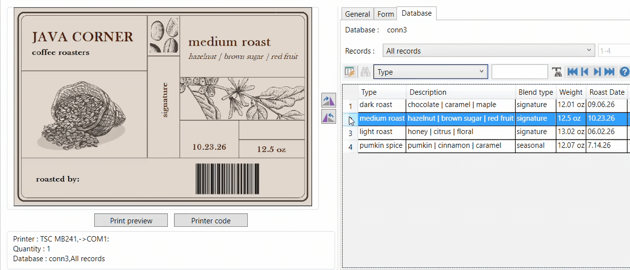 Print preview of labels connected to database variables for batch label printing
