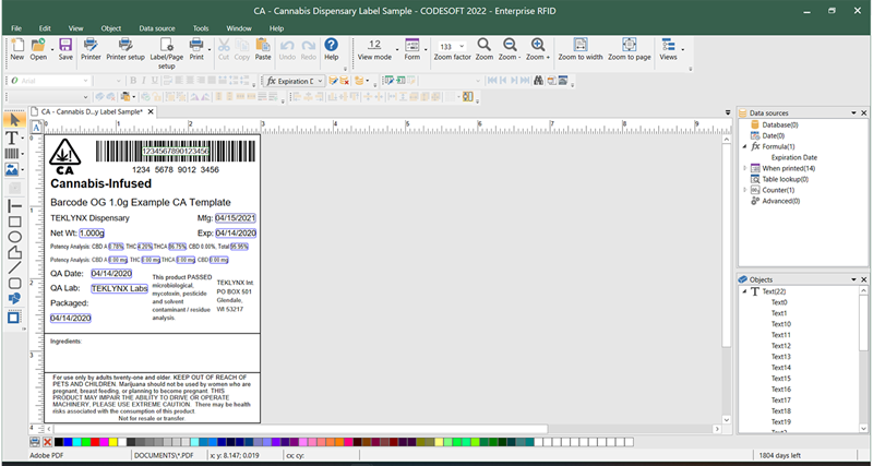 Screenshot of CODESOFT label design software with California cannabis label sample open