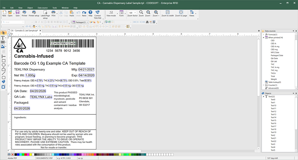 Screenshot of CODESOFT label design software with California cannabis label sample open