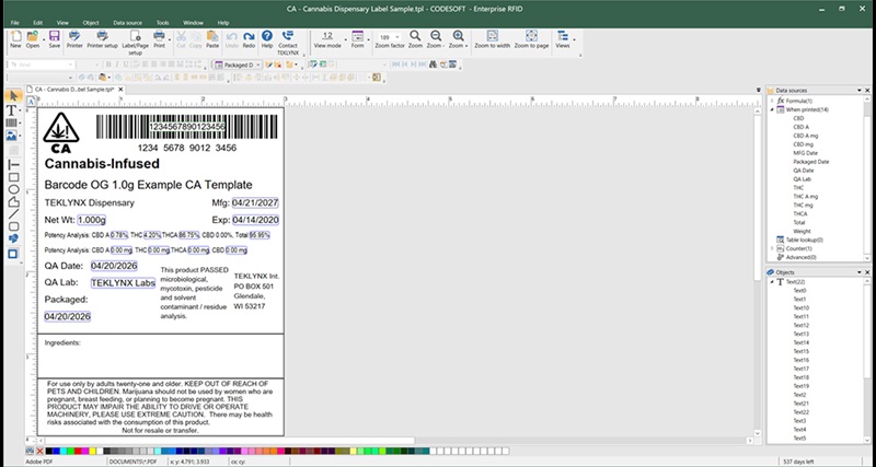 Screenshot of CODESOFT label design software with California cannabis label sample open