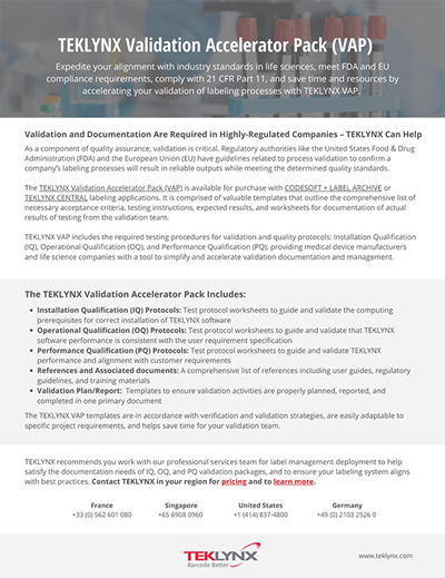 TEKLYNX Validation Accelerator Pack brochure
