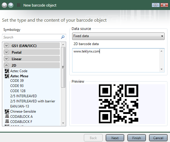 QR code data source chosen to design a barcode