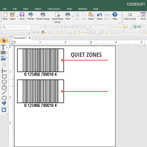 Quiet zones on an ITF14 barcode in CODESOFT label design software