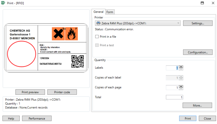 RFID encoded tag label in print preview in CODESOFT