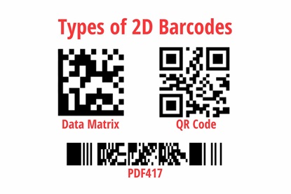 2D barcode types. Data Matrix, QR code and PDF417