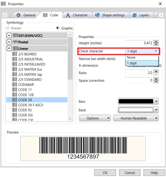 Configure the check digit in the machine-readable barcode
