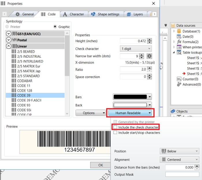Configure the check digit in the human readable text
