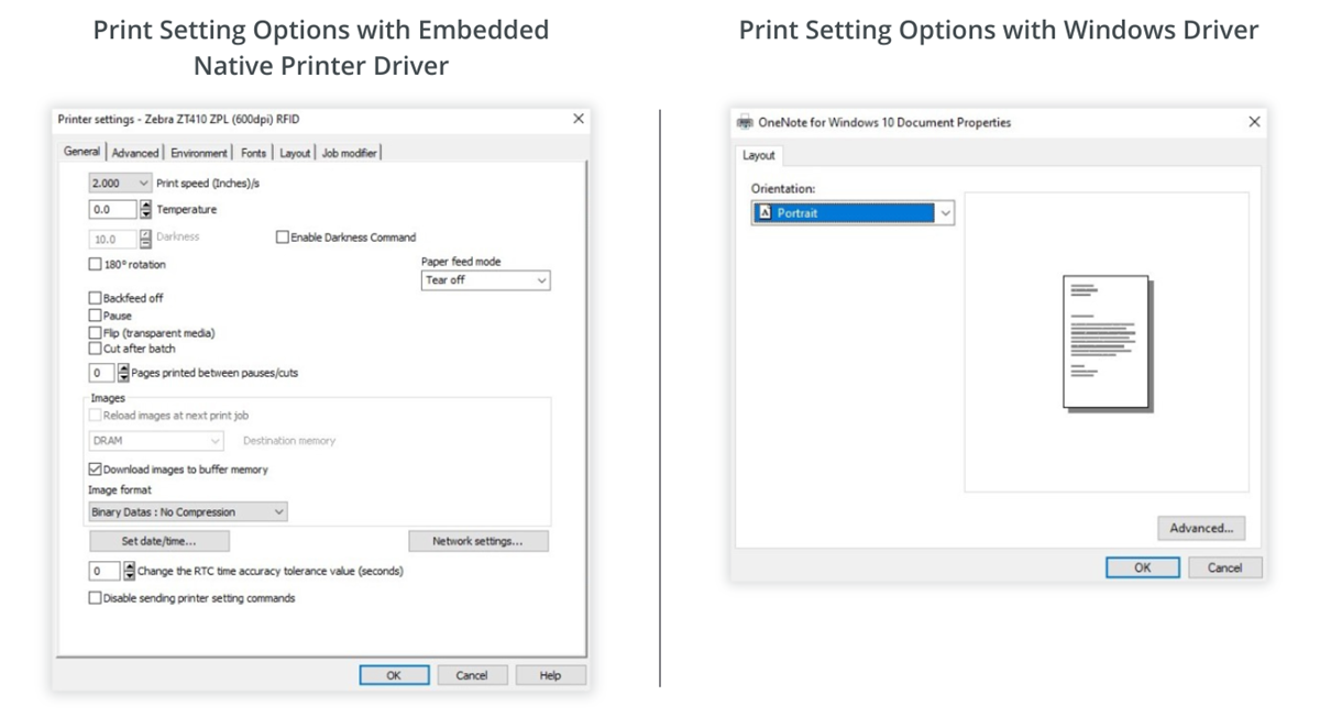 Difference between printer customization of an embedded native TEKLYNX printer driver and a generic Windows printer driver. TEKLYNX embedded native printer drivers have many more options for customization for each print job.